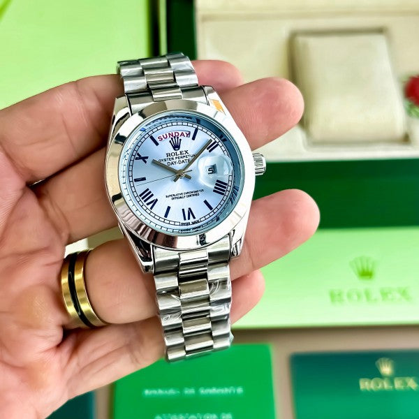 Rlx Day Date Silver Blue Watch For Men