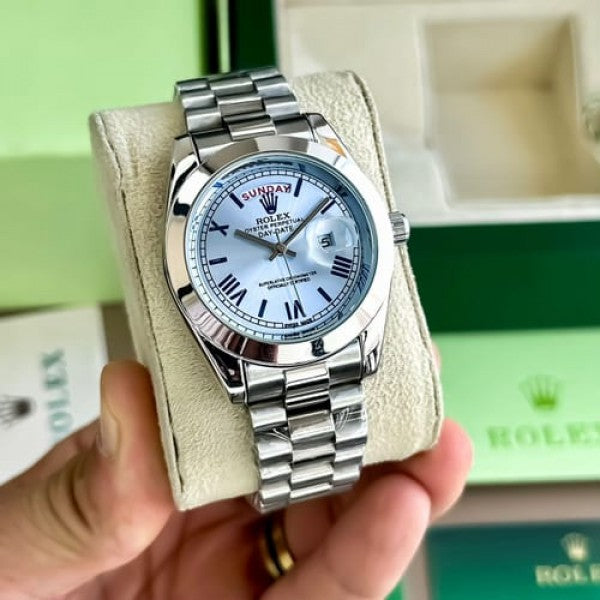 Rlx Day Date Silver Blue Watch For Men