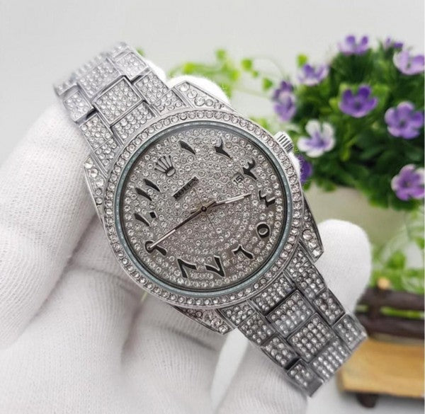 Rlx Arabic Silver Diamond Watch For Men