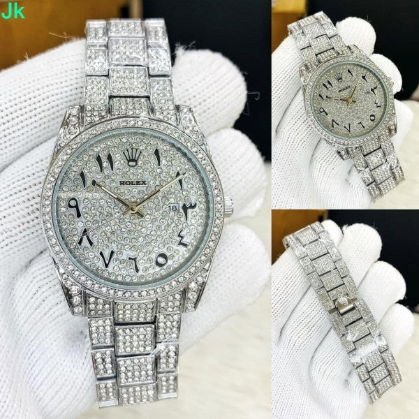 Rlx Arabic Silver Diamond Watch For Men
