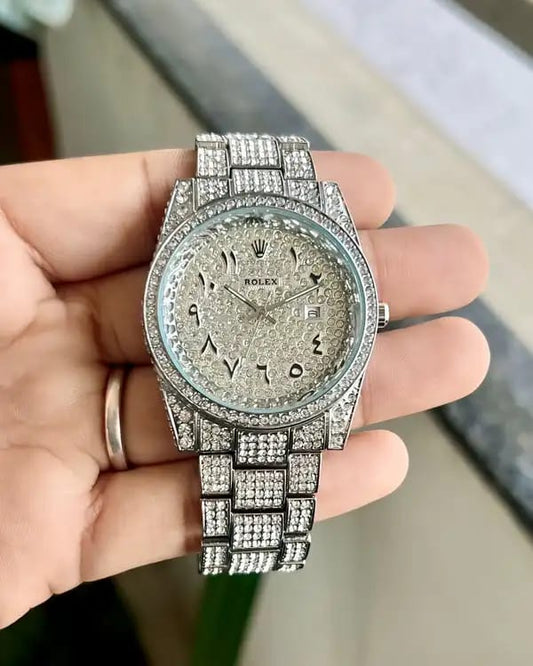 Rlx Arabic Silver Diamond Watch For Men