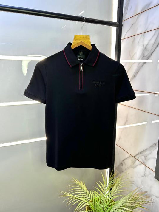 Boss_X_Porschee Edition Black Zipper Collar Neck Premium Polo T-shirt F2914-BL