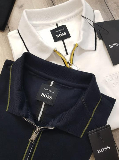 Boss_X_Porschee Edition Black Zipper Collar Neck Premium Polo T-shirt F2914-BL