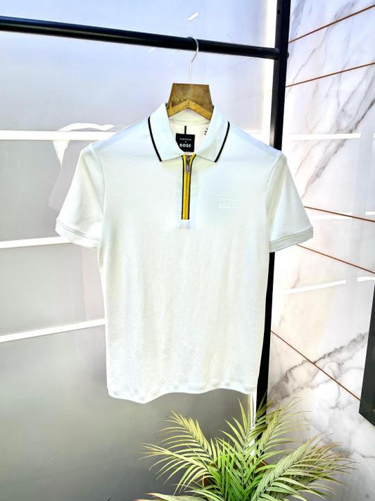 Boss_X_Porschee Edition White Zipper Collar Neck Premium Polo T-shirt F2914-WHITE
