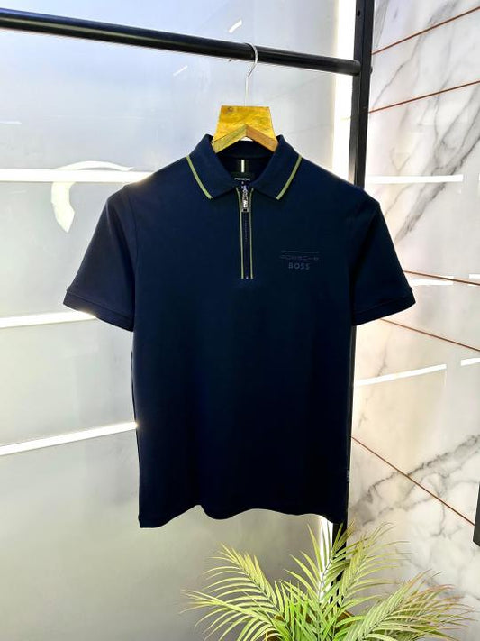 Boss_X_Porschee Edition Navy Zipper Collar Neck Premium Polo T-shirt F2914-NAVY