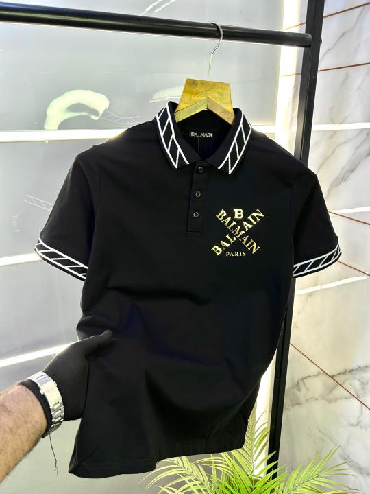 Balmlai_n Paris Logo Imported Black Collar Neck Premium T-shirt F2831 - Black