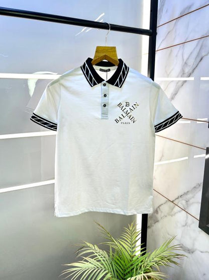 Balmlai_n Paris Logo Imported White Collar Neck Premium T-shirt F2831 - WH