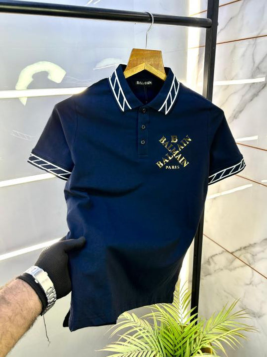 Balmlai_n Paris Logo Imported Navy Collar Neck Premium T-shirt F2831 - NAVY
