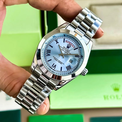 Rlx Day Date Silver Blue Watch For Men
