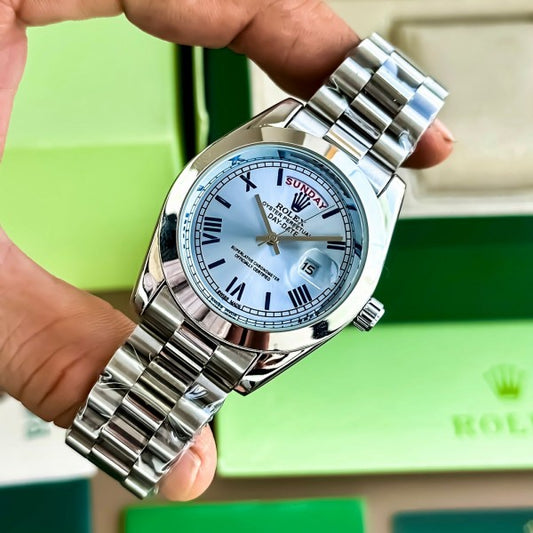 Rlx Day Date Silver Blue Watch For Men