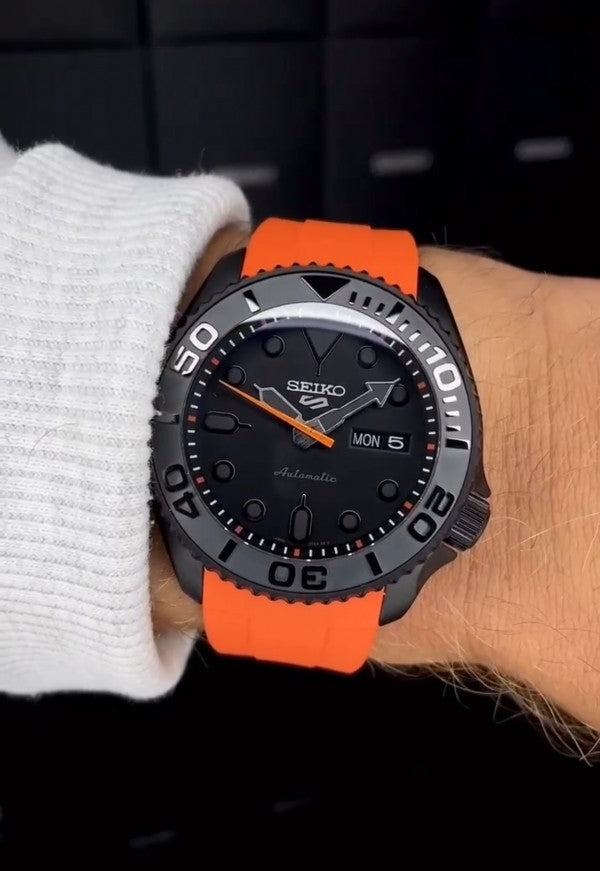 seeiko 5 premium luxury orange black smooth movement mens watch